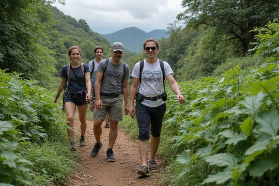 A group of friends hiking in a lush Thai jungle, showcasing an active lifestyle and outdoor adventure.
