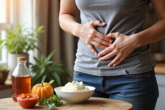 A person holding their stomach, indicating discomfort, with probiotics and healthy gut food in the background.