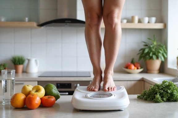 A person successfully weighing themselves on a scale with a smile, surrounded by healthy food.